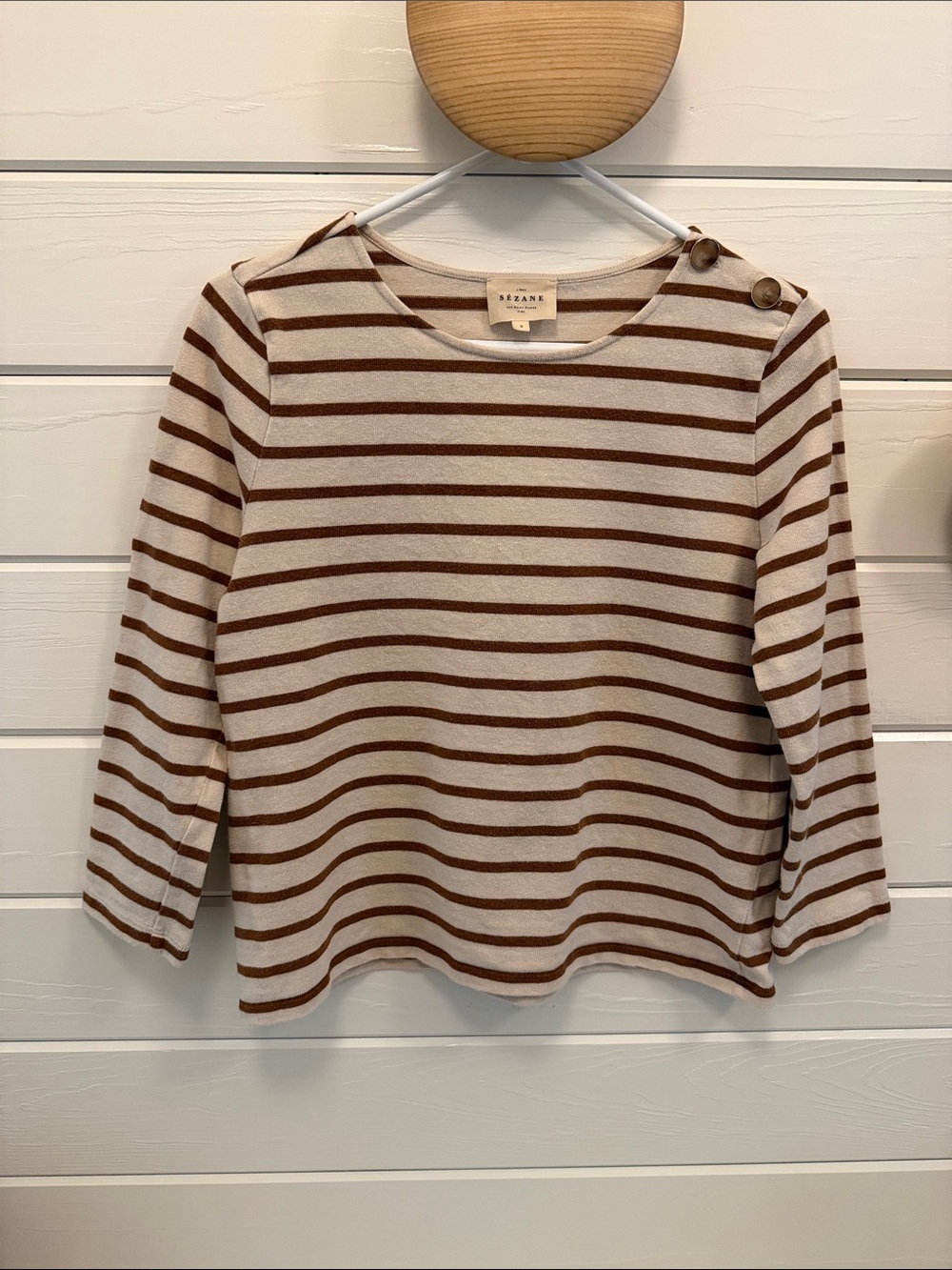 Sezane Colette Mariniere Shirt Cream and Brown Striped Bateau Tee